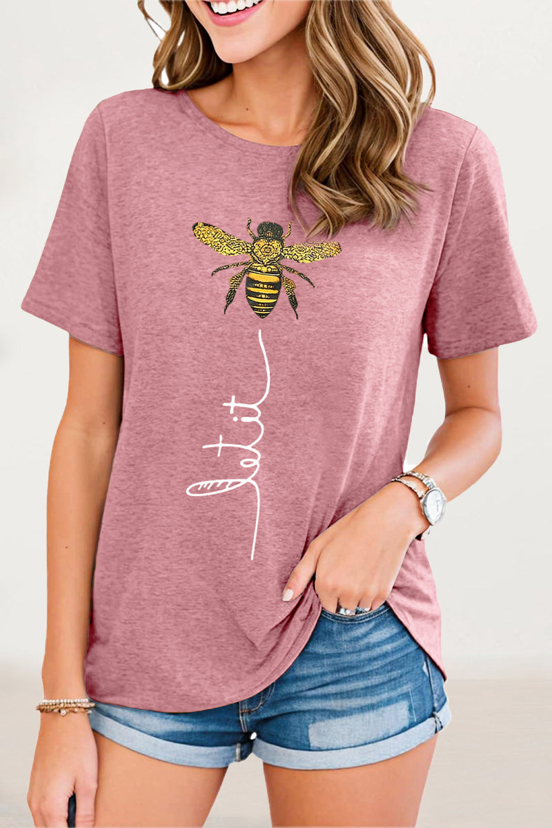 Casual Animal Letter Print Patchwork O Neck T-Shirts Pink