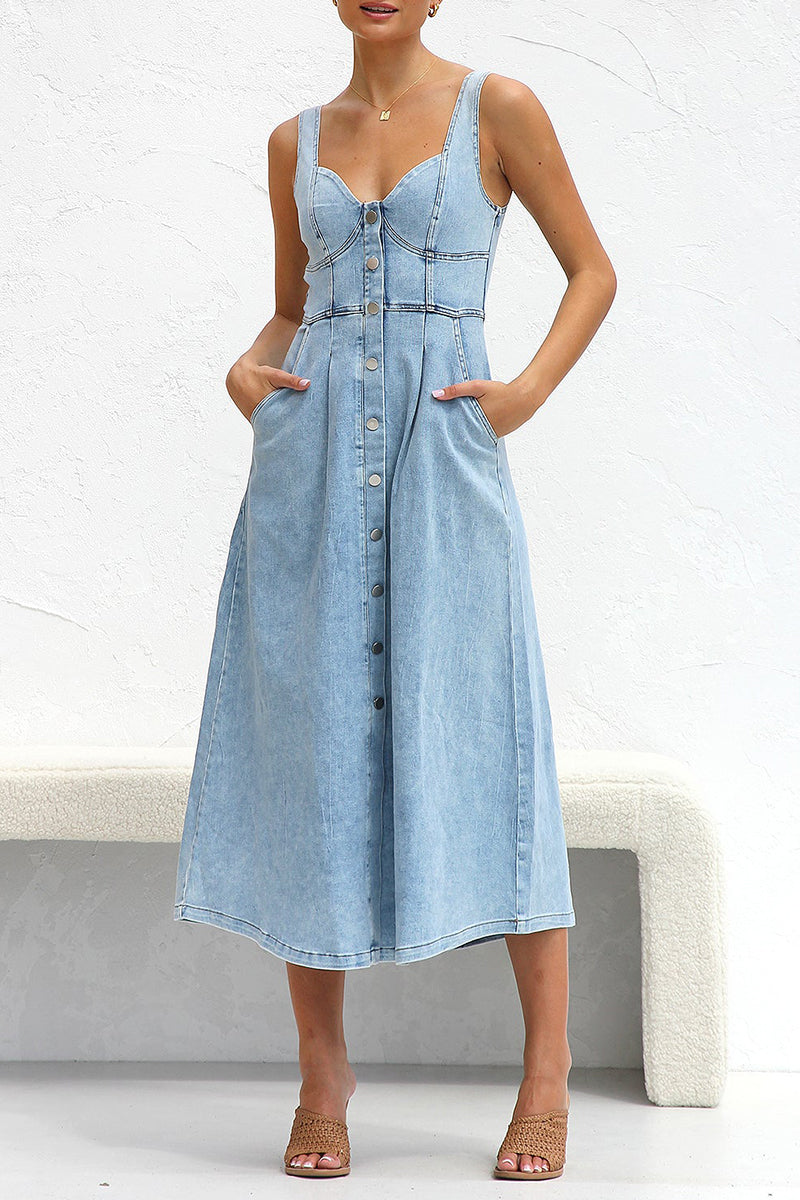 Elegant Solid Make Old Pocket Buckle V Neck Sleeveless Loose Denim Dresses Light Blue