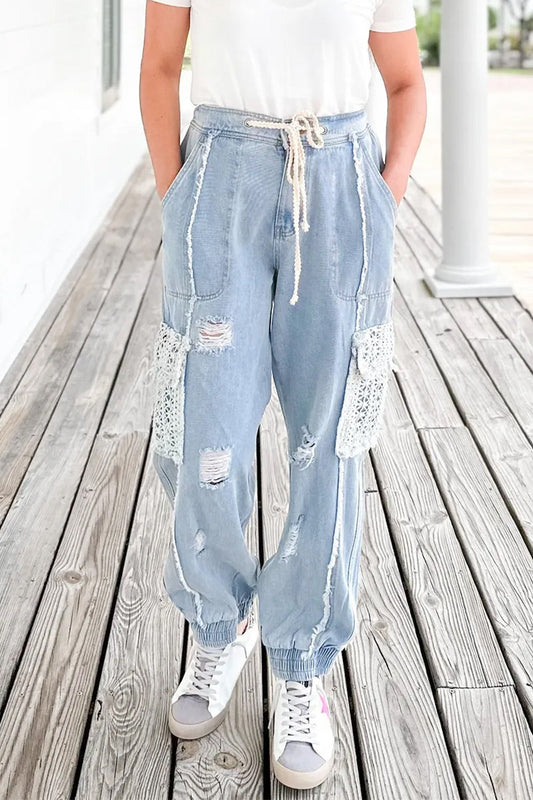 Casual Solid Lace Ripped Pocket High Waist Denim Jeans Baby Blue