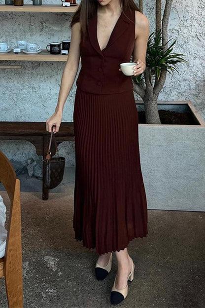 British Style Elegant Solid Stringy Selvedge Pleated V Neck Sleeveless Two Pieces Deep Red