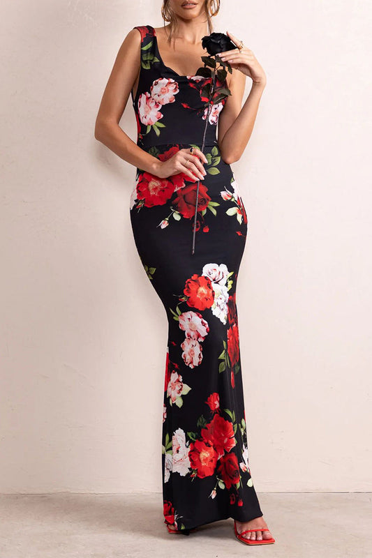 Sexy Vintage Floral Backless Asymmetrical U Neck One Step Skirt Dresses Black Red