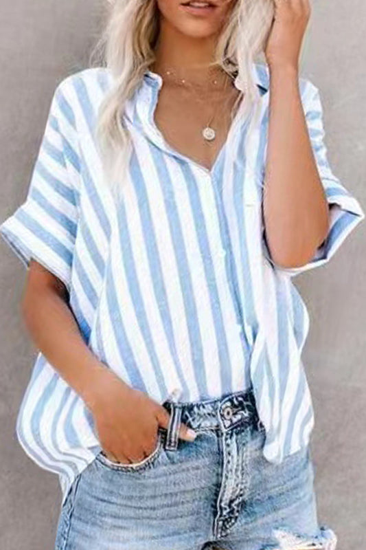 Casual Striped Patchwork Turndown Collar Tops Light Blue