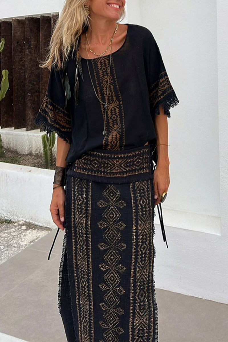 Casual Vintage National Totem Print Tassel Slit O Neck Half Sleeve Two Pieces Black Gray