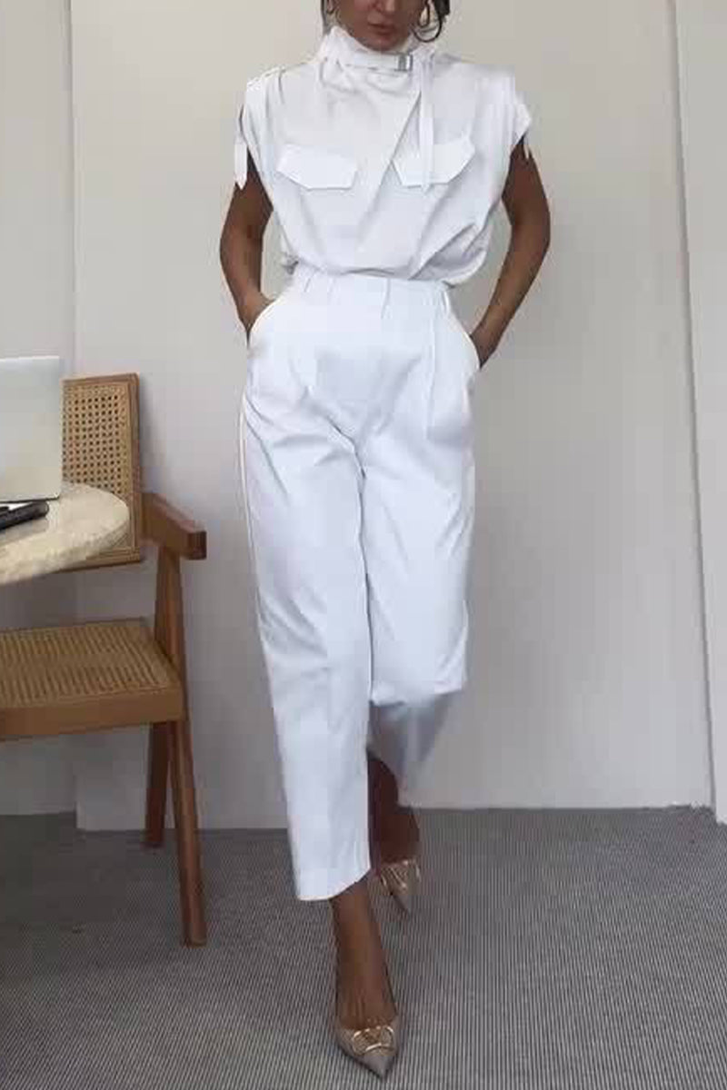 Street Elegant Solid Patchwork Turtleneck Regular Jumpsuits White