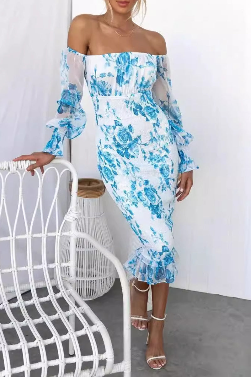 Sexy Flowers Patchwork Fold Off the Shoulder Wrapped Skirt Dresses Blue