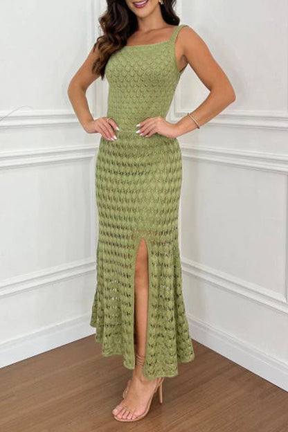 Sexy Vacation Solid Hollowed Out Slit U Neck Sling Dresses Green