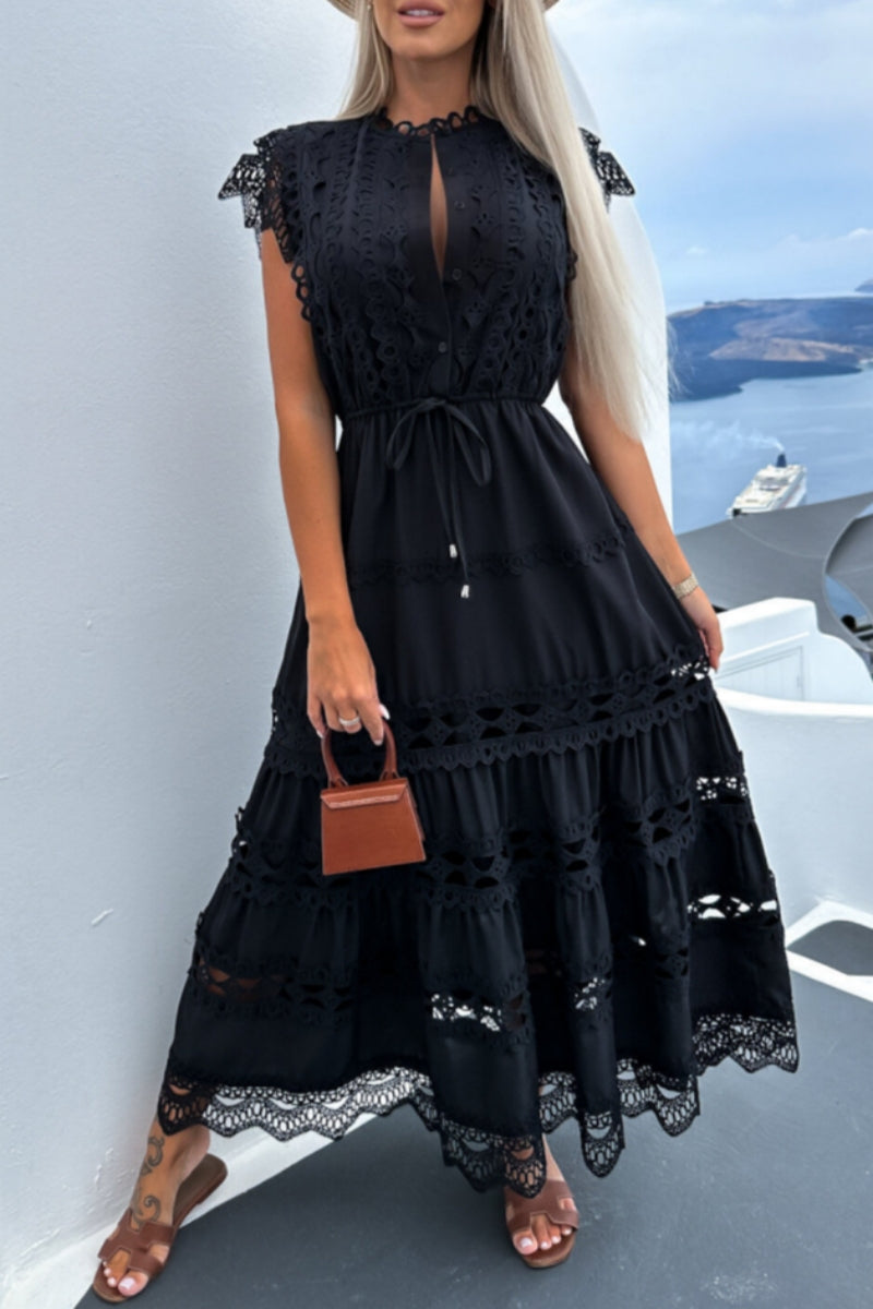 Casual Solid Patchwork Buttons O Neck Long Dresses Black