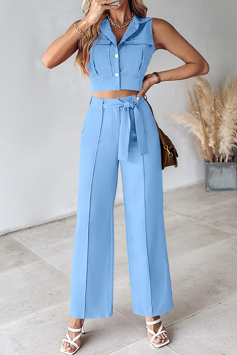 Casual Daily Solid Frenulum Turndown Collar Sleeveless Two Pieces(6 Colors) Sky Blue