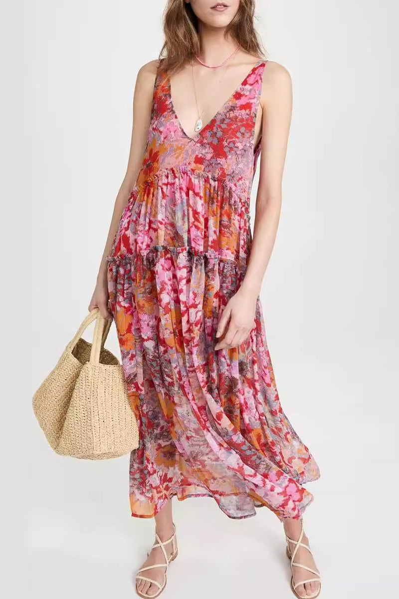 Casual Floral Fold V Neck Sleeveless Dresses