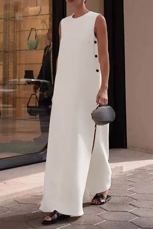 Casual Simplicity Solid Buttons Slit O Neck Sleeveless Dresses White