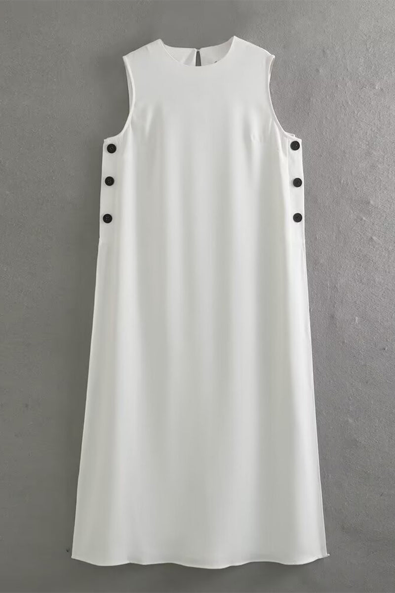 Casual Simplicity Solid Buttons Slit O Neck Sleeveless Dresses