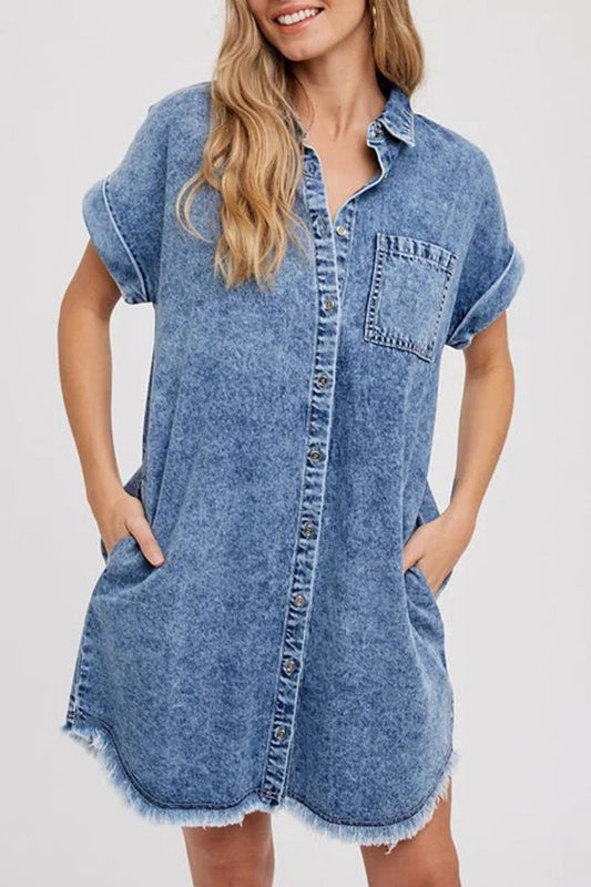 Casual Solid Pocket Turndown Collar Short Sleeve Loose Denim Dresses Blue