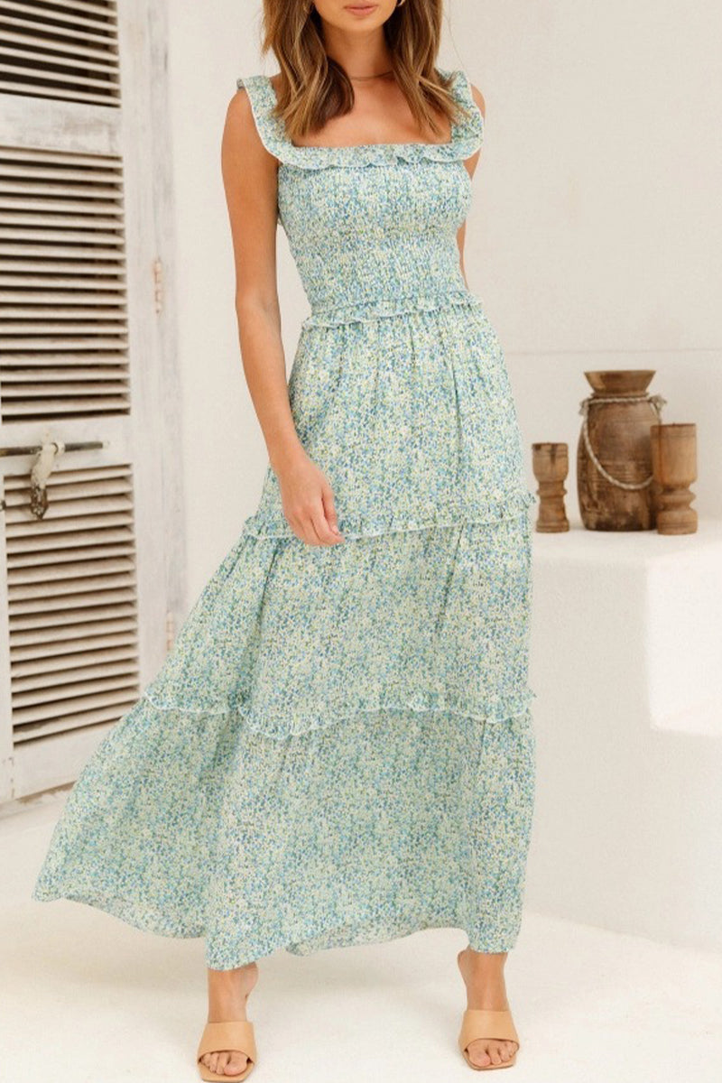 Sweet Elegant Print Flowers Fold Stringy Selvedge Off the Shoulder A Line Dresses(5 Colors)