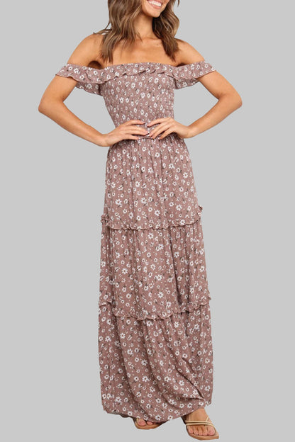 Sweet Elegant Print Flowers Fold Stringy Selvedge Off the Shoulder A Line Dresses(5 Colors) Brown