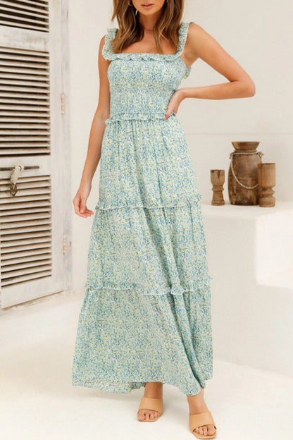 Sweet Elegant Print Flowers Fold Stringy Selvedge Off the Shoulder A Line Dresses(5 Colors) Light Green