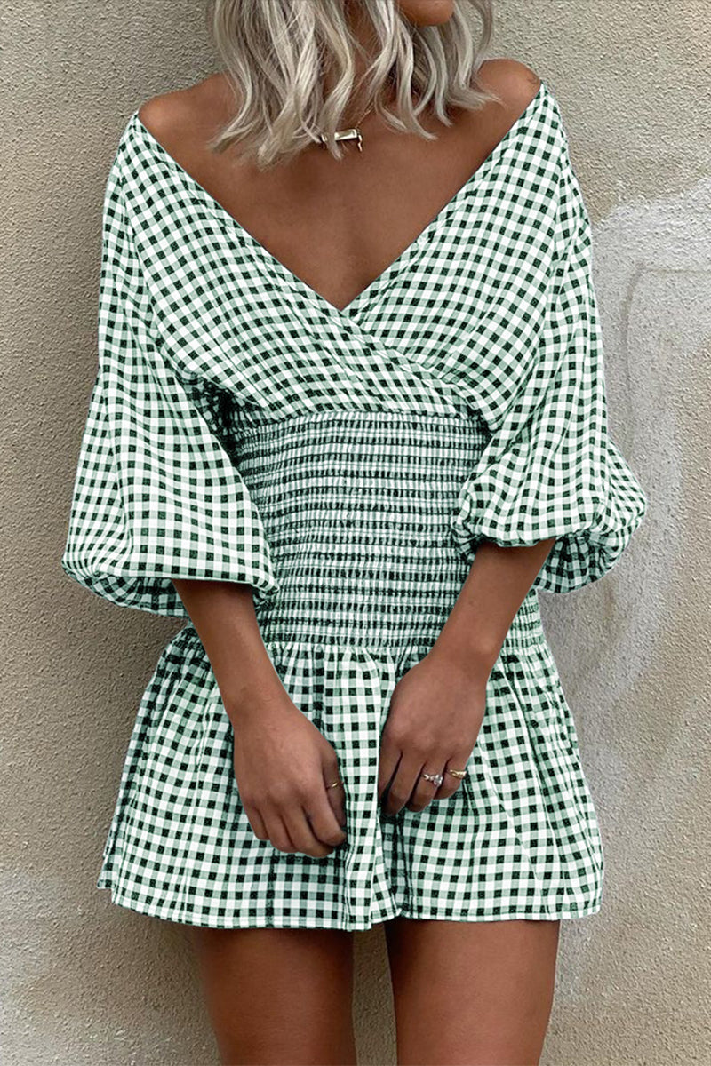 Casual Plaid V Neck Waist Skirt Dresses(5 Colors) Light Green