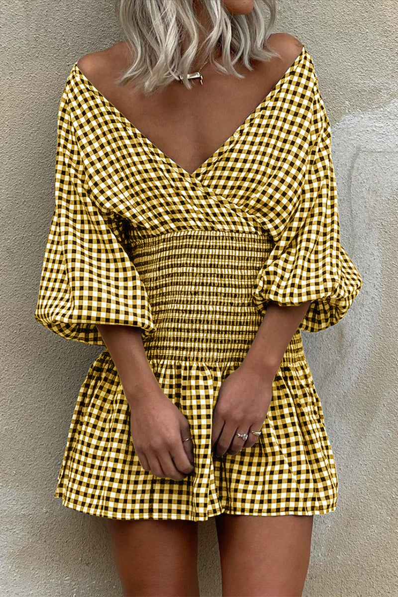 Casual Plaid V Neck Waist Skirt Dresses(5 Colors) Yellow