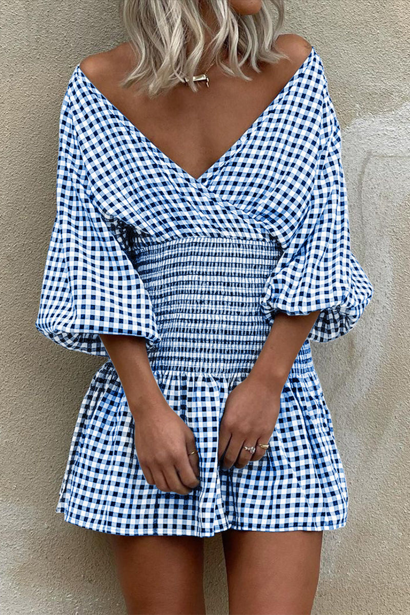 Casual Plaid V Neck Waist Skirt Dresses(5 Colors) Light Blue