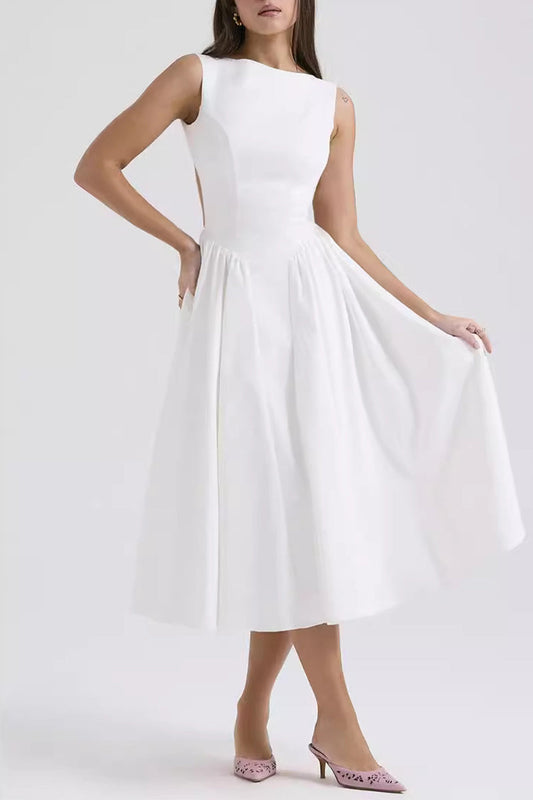 Elegant Simplicity Solid Backless O Neck Sleeveless Dresses White