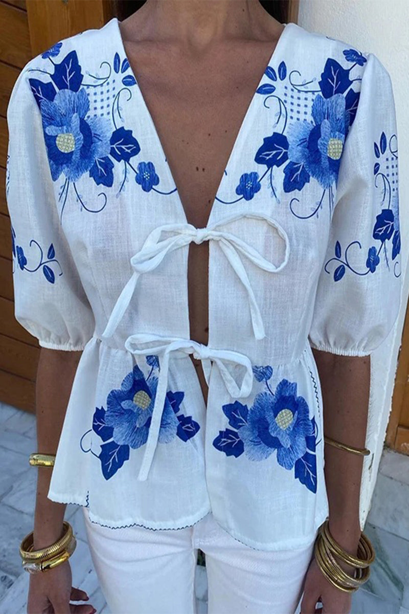 Casual Print Flowers Frenulum V Neck Blouses Blue