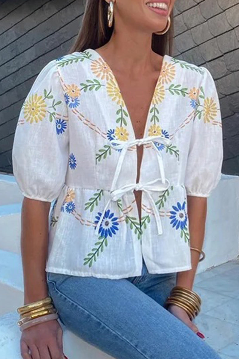 Casual Print Flowers Frenulum V Neck Blouses