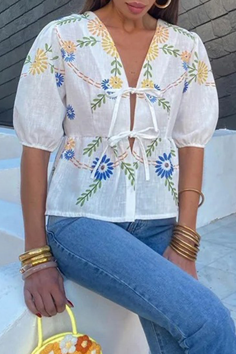 Casual Print Flowers Frenulum V Neck Blouses