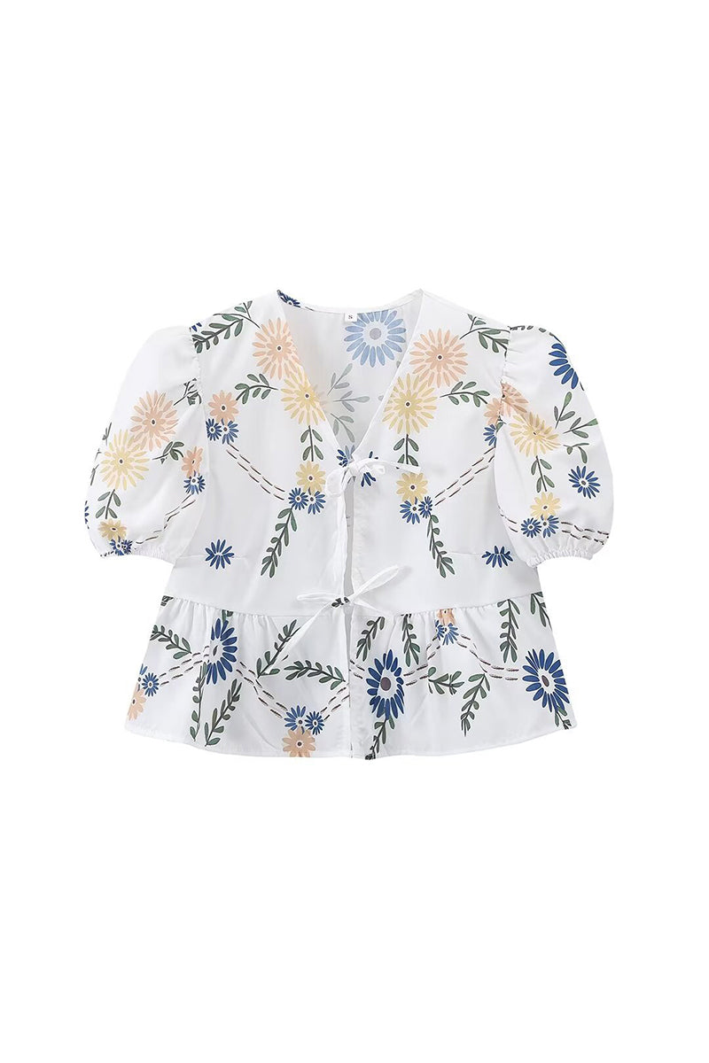 Casual Print Flowers Frenulum V Neck Blouses