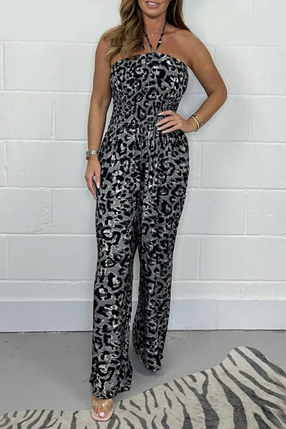 Sexy National Totem Print Patchwork Halter Loose Jumpsuits Leopard Print