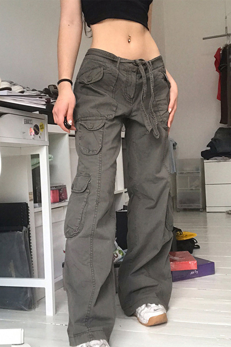 Casual Solid Pocket Loose Low Waist Straight Solid Color Bottoms Grey