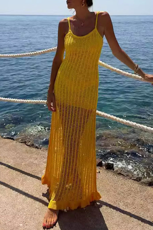 Sexy Vacation Solid Hollowed Out U Neck Sling Dresses Yellow