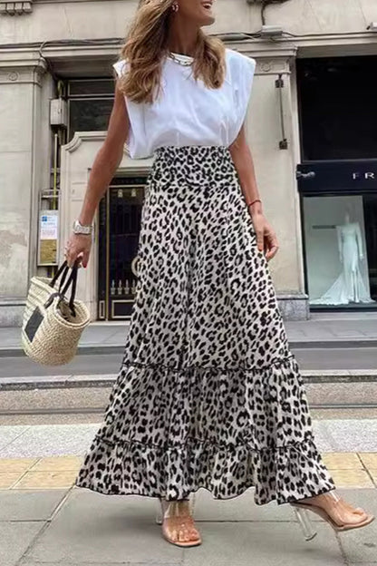 Elegant College Print Leopard Flounce Loose High Waist Type A Full Print Bottoms