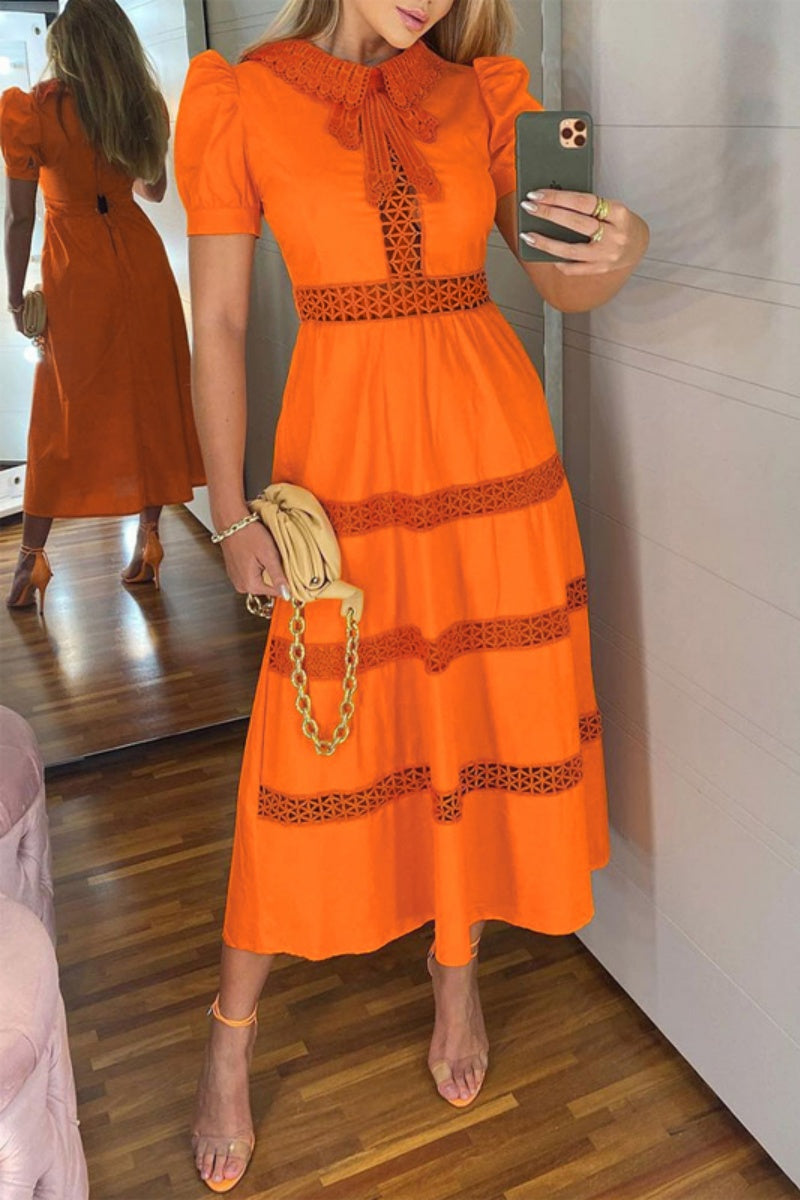 Casual Solid Patchwork Turndown Collar Short Sleeve Dresses Orange