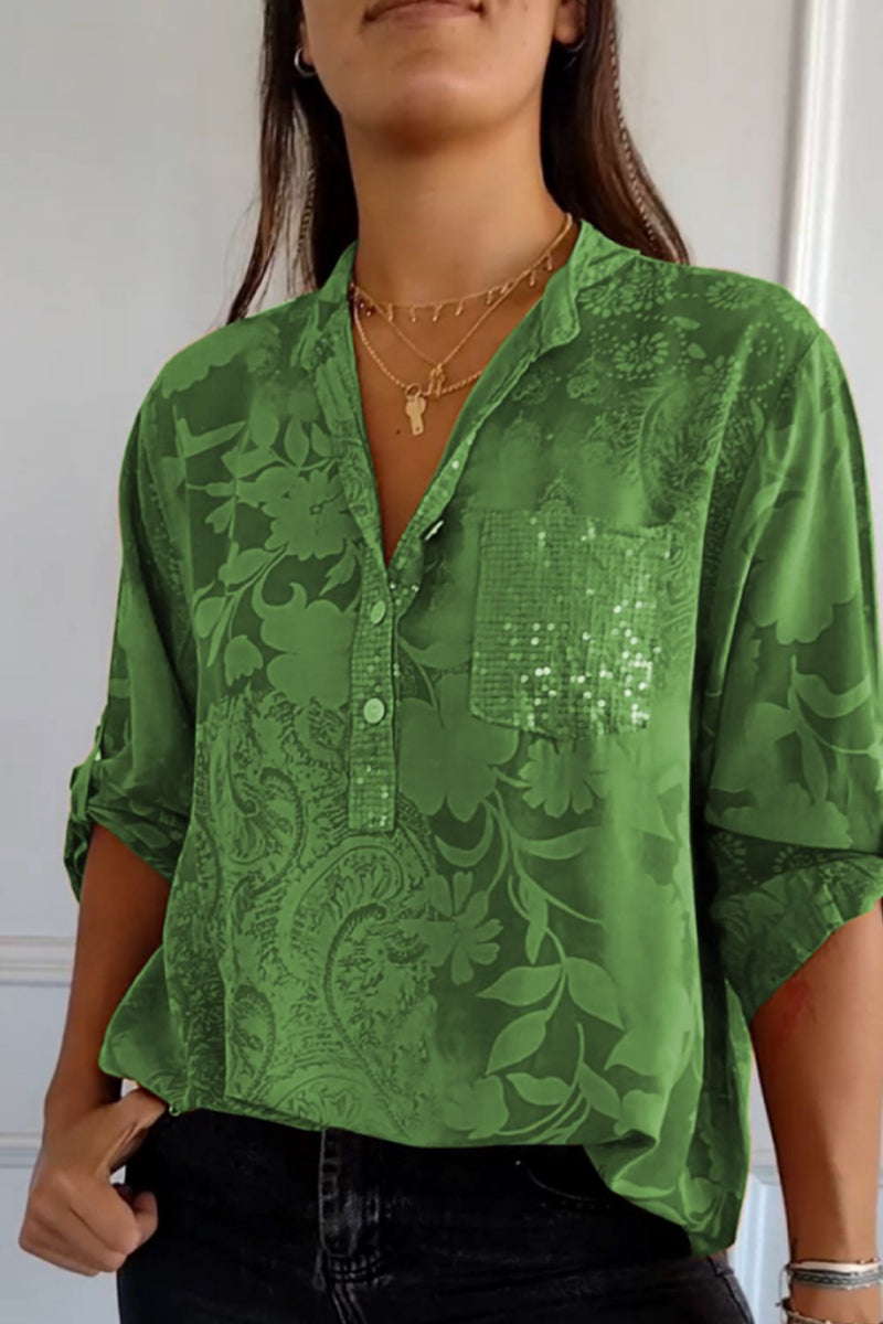 Floral Pocket Contrast Mandarin Collar Blouses(10 Colors) Green