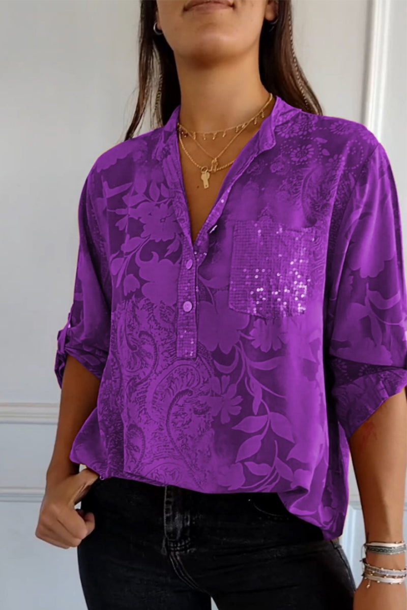 Floral Pocket Contrast Mandarin Collar Blouses(10 Colors) Purple