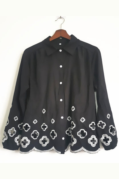 Casual Solid Hook Flower Hollowed Out Turndown Collar Long Sleeve Two Pieces