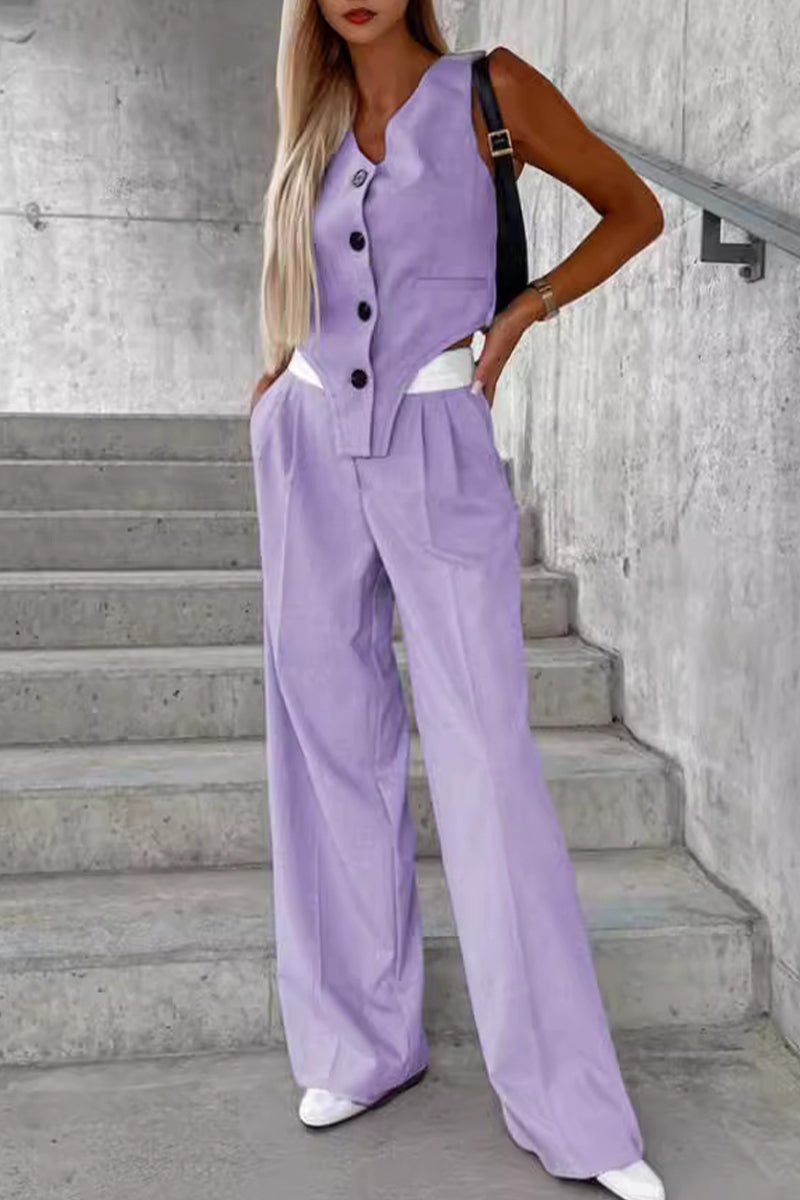 Casual British Style Solid Buttons Fold Asymmetrical V Neck Sleeveless Two Pieces(8 Colors) Light Purple