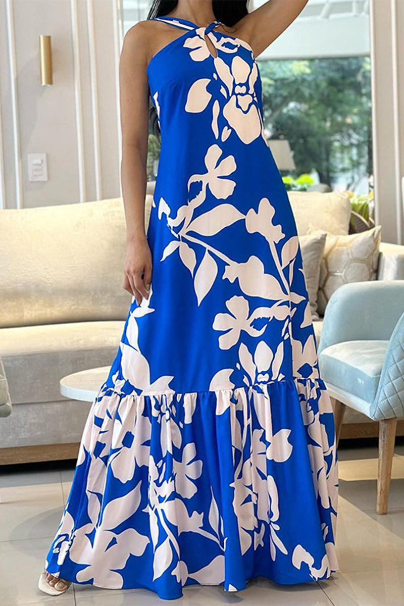 Elegant Floral Flounce Halter Printed Dresses Blue