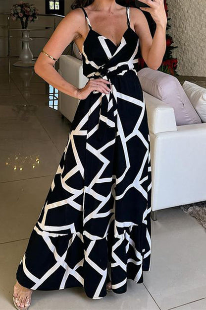 Sexy Geometric Print Bandage Slit V Neck Printed Dresses