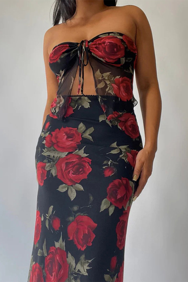 Sexy Flowers Mesh Strapless Sleeveless Two Pieces