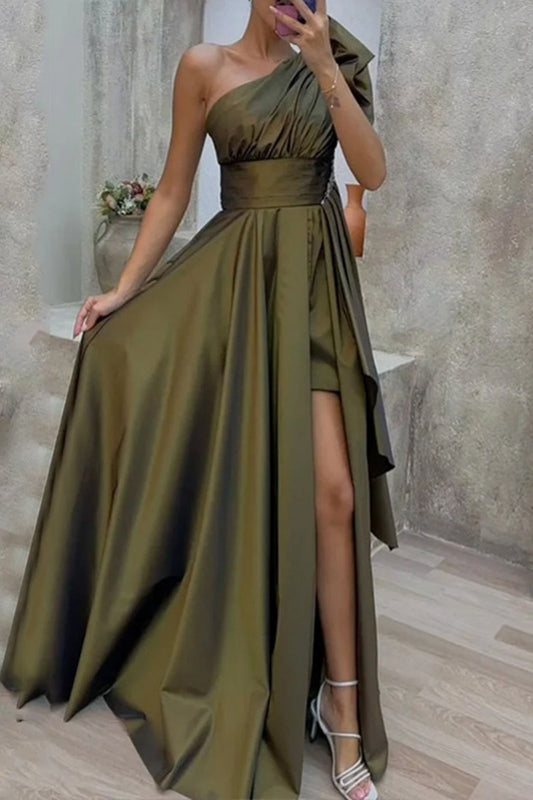 Casual Solid Patchwork Slit Oblique Collar Long Dresses Army Green