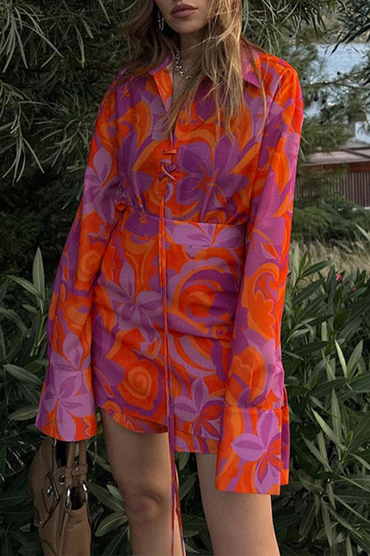 Elegant Floral Frenulum Turndown Collar Shirt Dresses Orange