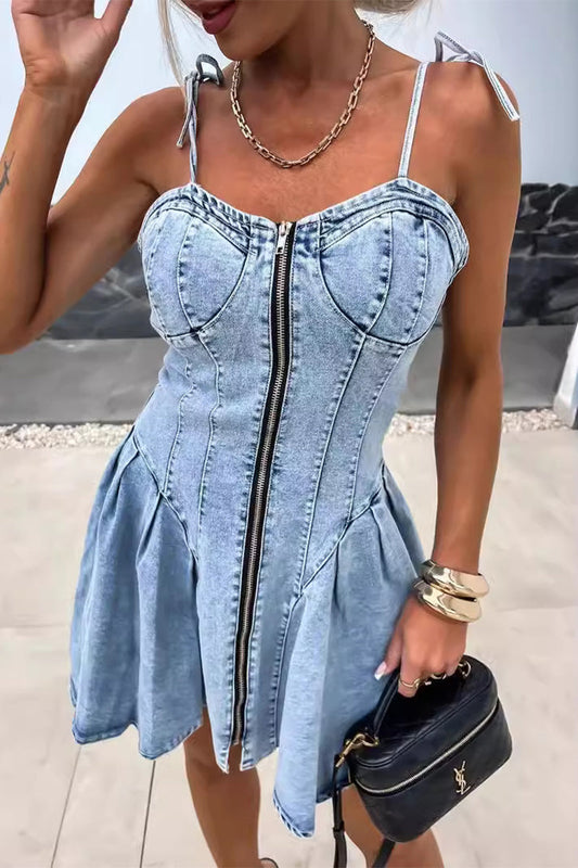 Casual Solid Make Old Zipper V Neck Sleeveless Regular Denim Dresses The cowboy blue