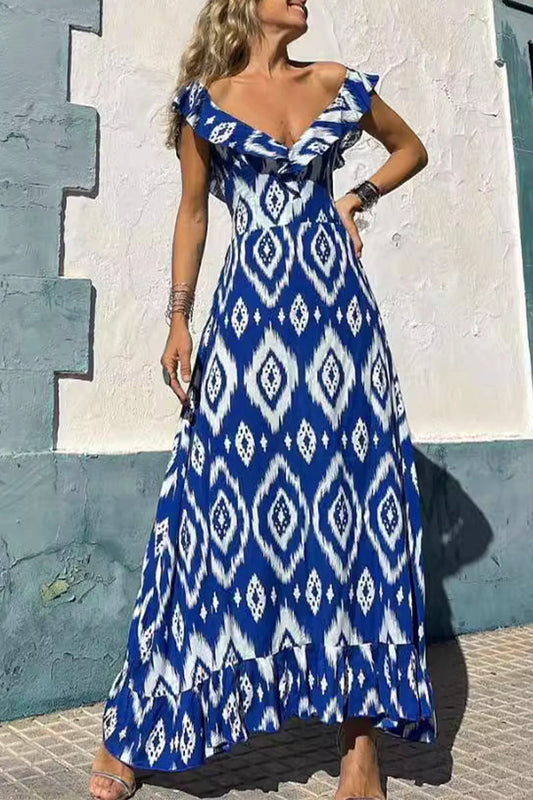 Sexy Geometric Print Flounce V Neck A Line Dresses Blue