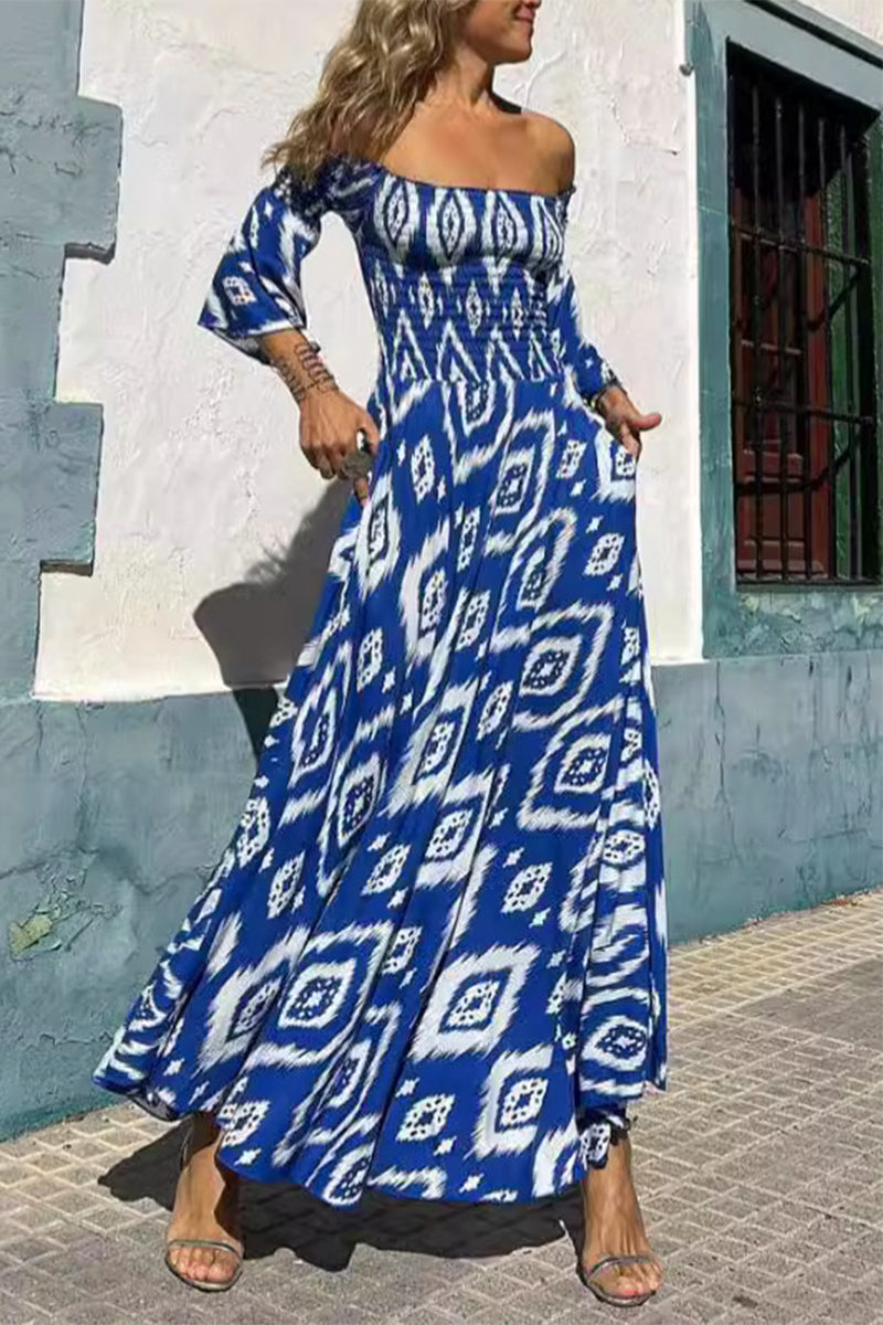 Elegant Geometric Print Off the Shoulder A Line Dresses Blue