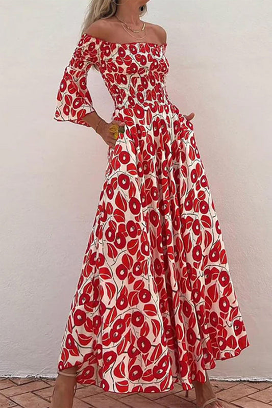 Elegant Floral Pocket Fold Off the Shoulder A Line Dresses Red