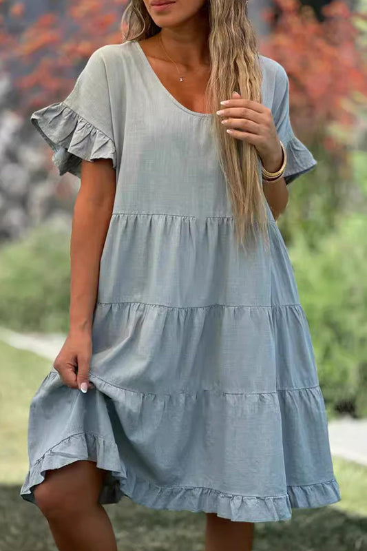 Casual Simplicity Solid Flounce O Neck A Line Short Sleeve Dress(3 Colors) Grey