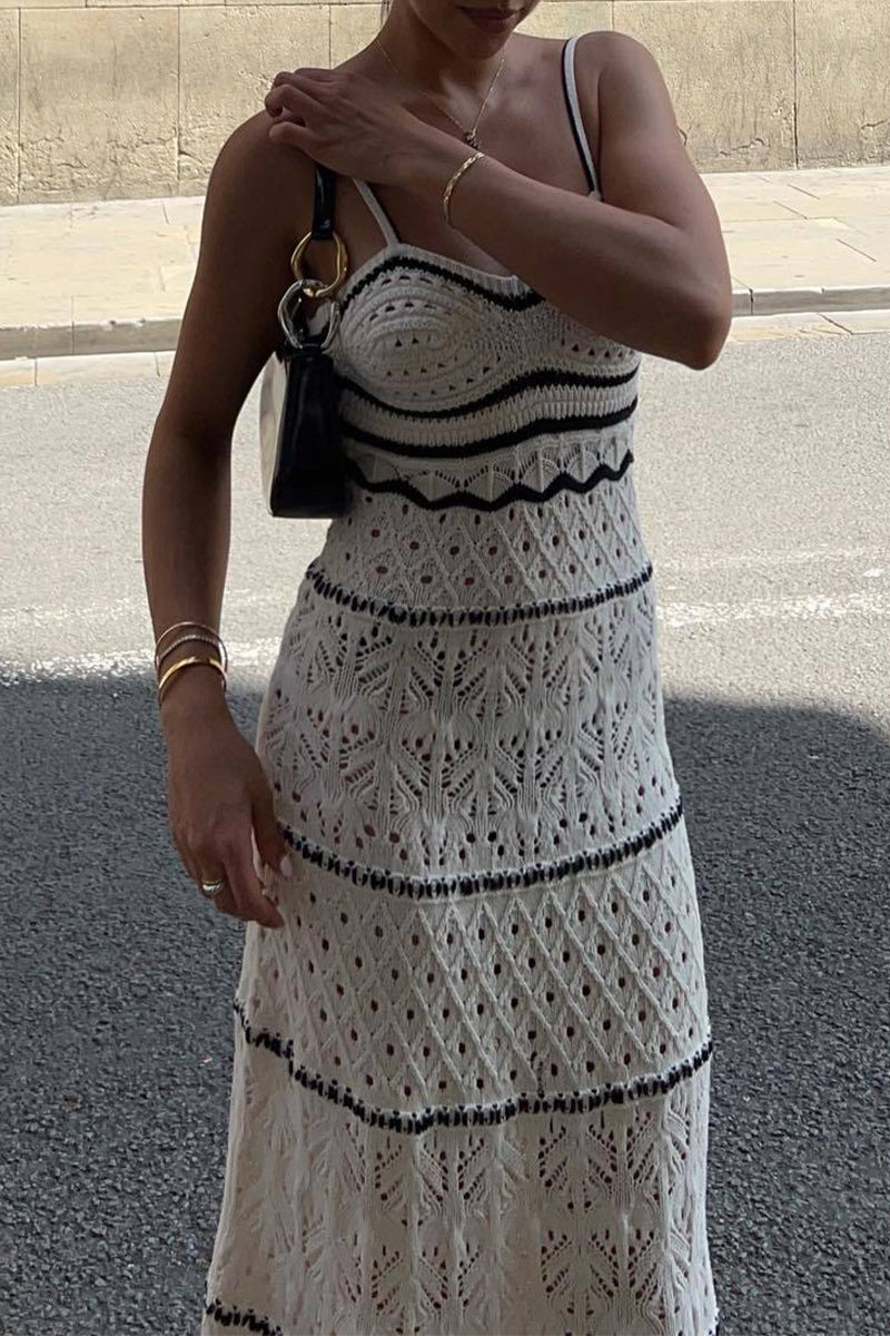 Sexy Solid Hollowed Out Contrast Weave V Neck One Step Skirt Dresses