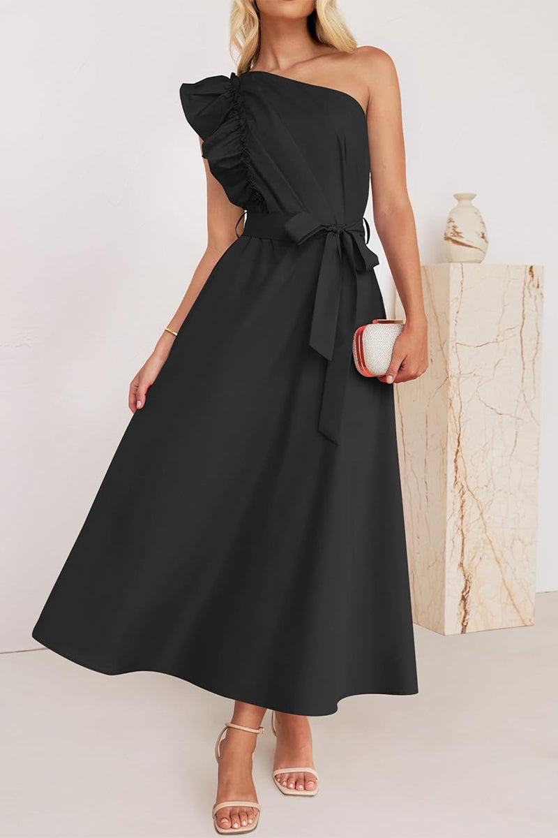 Sweet Elegant Solid Bandage Stringy Selvedge Oblique Collar A Line Dresses(5 Colors) Black