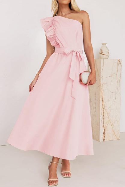 Sweet Elegant Solid Bandage Stringy Selvedge Oblique Collar A Line Dresses(5 Colors) Pink