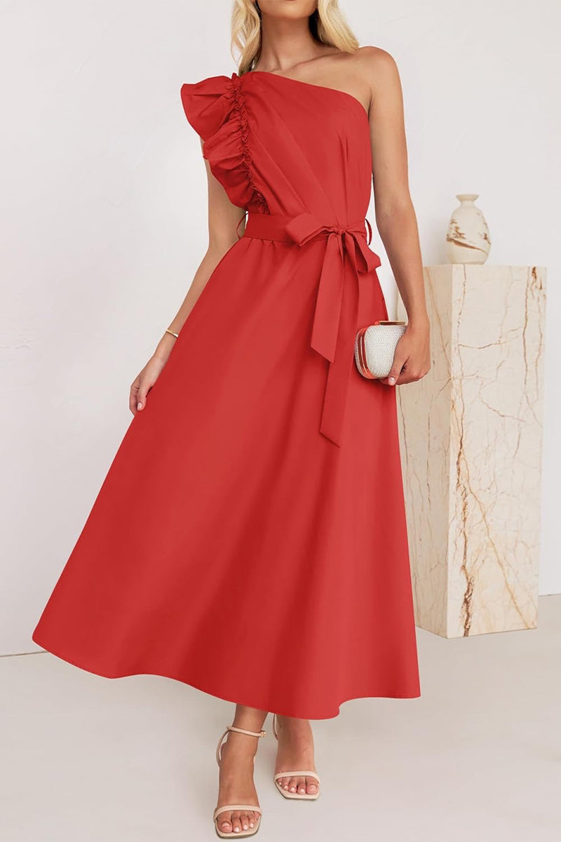 Sweet Elegant Solid Bandage Stringy Selvedge Oblique Collar A Line Dresses(5 Colors) Red